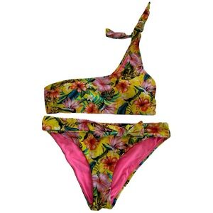 Heat Women’s One Shoulder Tie Tropical 2 Piece Bikini Swimsuit ‎ Sz M